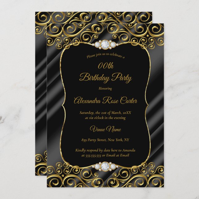 Elegant Gold Silk Black Diamond Birthday Party Invitation (Front/Back)