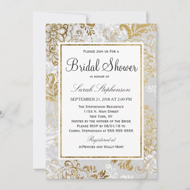 Elegant Gold Silver and Grey Floral Bridal Shower Invitation (Front)