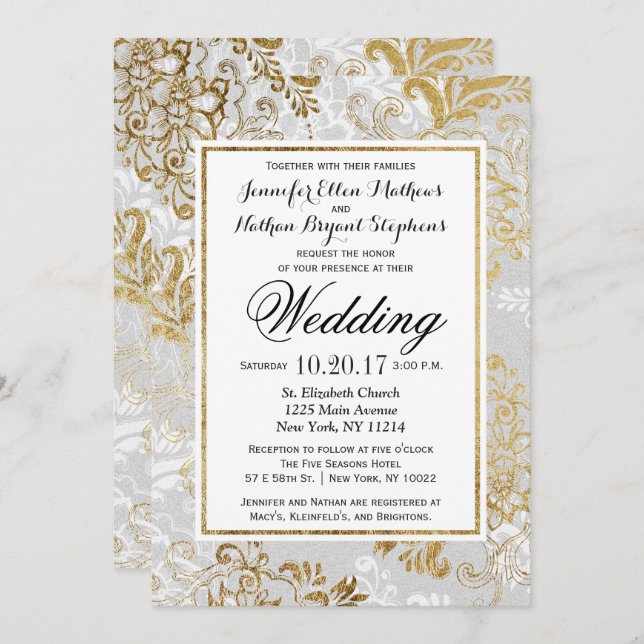 Elegant Gold Silver and Grey Floral Wedding Invitation (Front/Back)