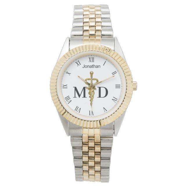 Elegant Gold Silver Asclepius Medical Doctor MD Watch (Front)