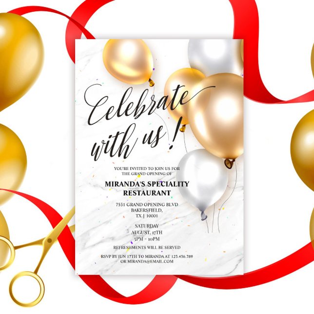 Elegant Gold Silver Balloons Grand Opening Invitation (Creator Uploaded)