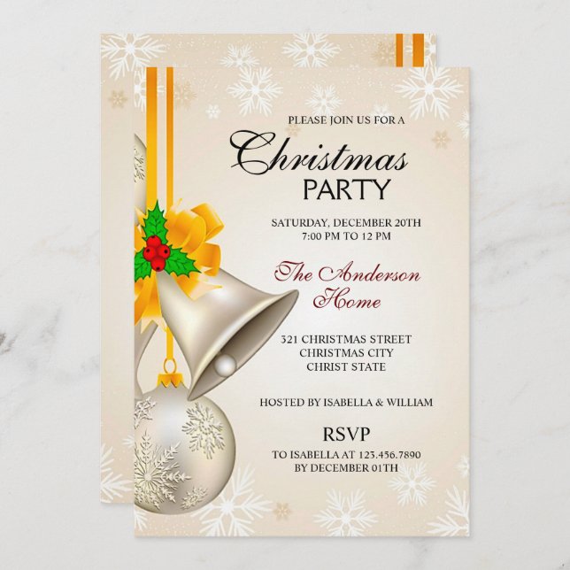 Elegant Gold Silver Bells Christmas Invitation (Front/Back)
