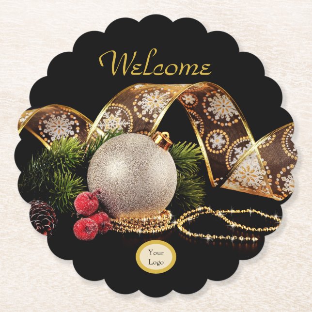 Elegant Gold Silver Black Corporate Holiday Party Paper Coaster (Front)