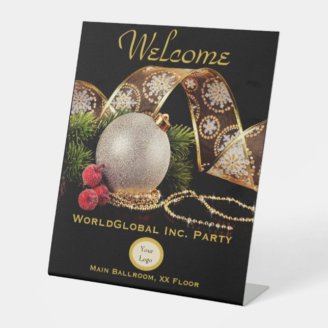 Elegant Gold Silver Black Corporate Holiday Party Pedestal Sign (Front)
