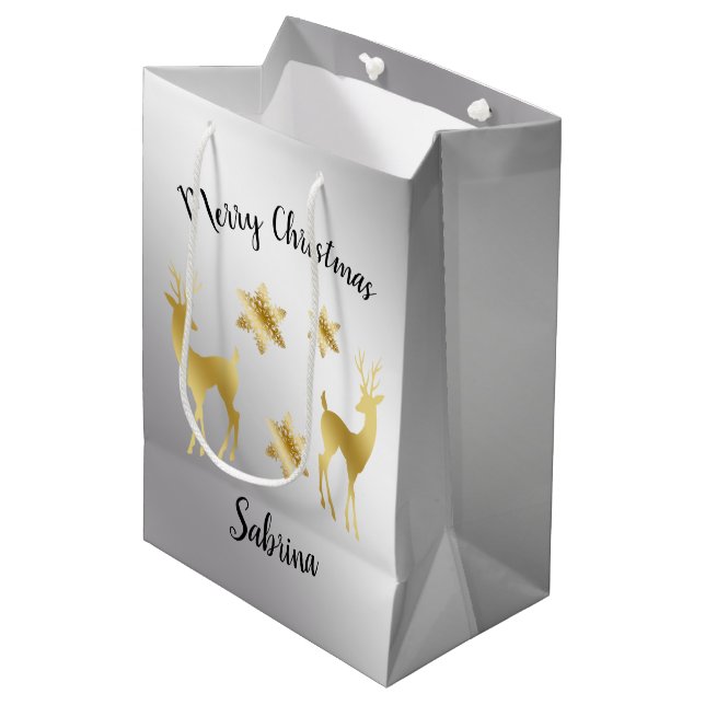 Elegant gold silver Christmas snowflakes reindeers Medium Gift Bag (Front Angled)