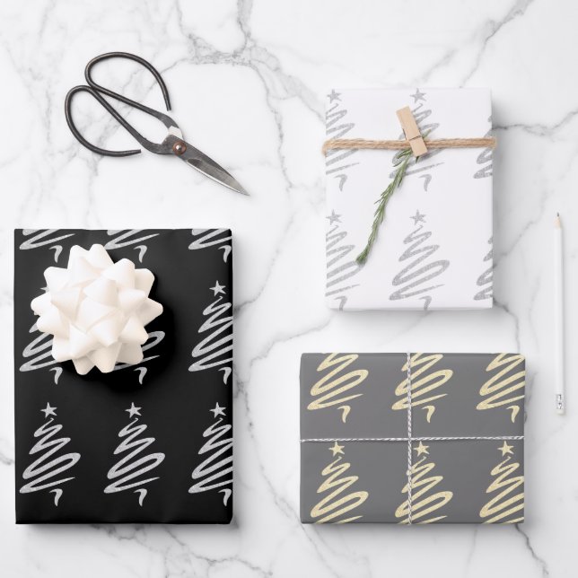 Elegant gold silver Christmas tree pattern   Wrapping Paper Sheet (Front)