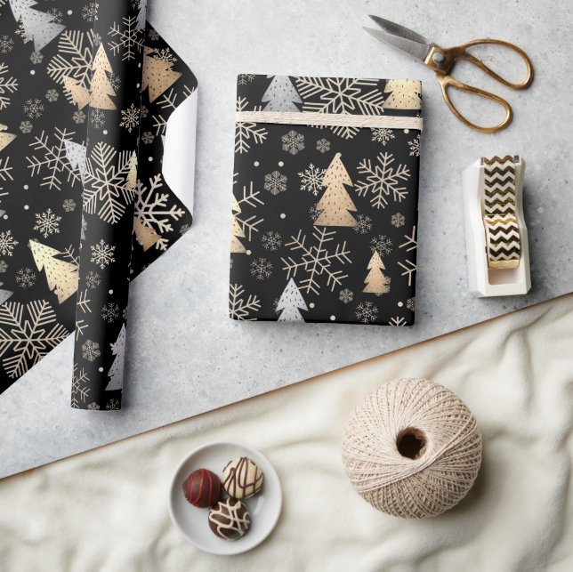 Elegant Gold & Silver Christmas Tree Snowflakes Wrapping Paper (Crafts)