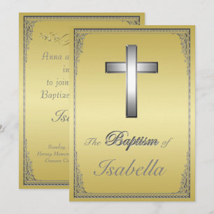 Elegant gold & silver damask silver cross Baptism  Invitation
