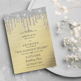 Elegant gold silver glitter drips white wedding invitation