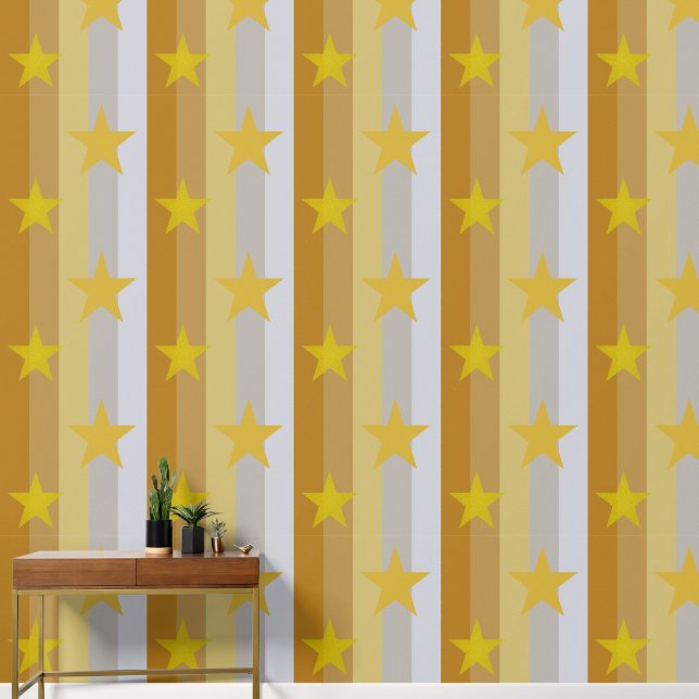Elegant Gold Silver Grey Stiped Stars Pattern Wallpaper (Hallway)