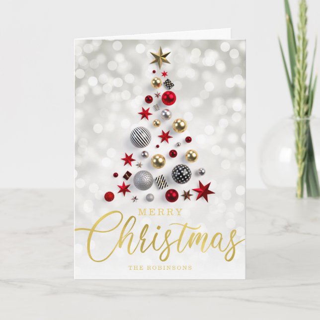 Elegant Gold Silver Script Christmas Lights Holiday Card (Front)