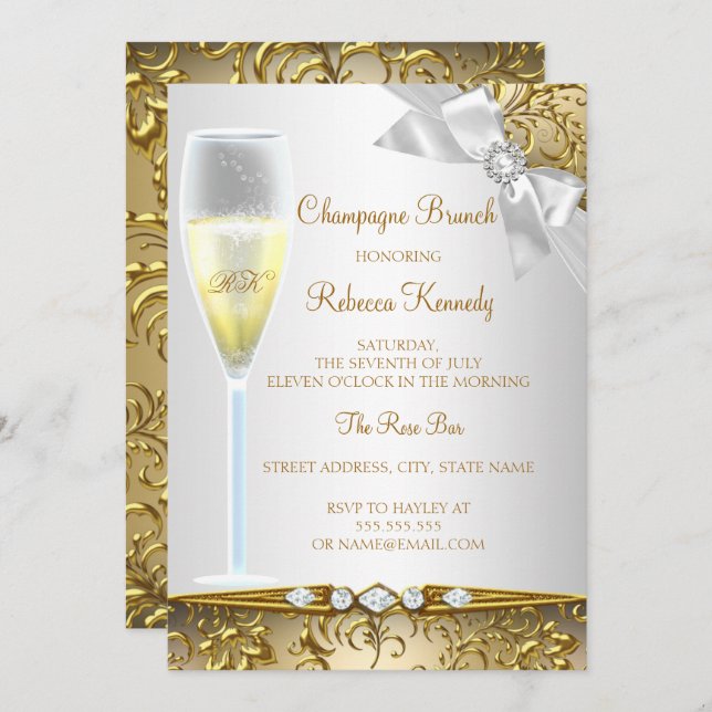 Elegant Gold Silver White Champagne Brunch Invitation (Front/Back)