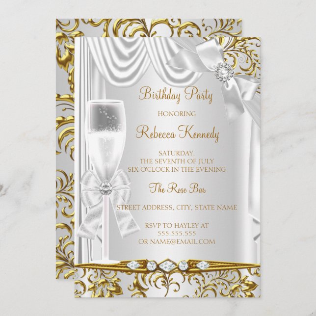 Elegant Gold Silver White Silk Champagne Birthday Invitation (Front/Back)