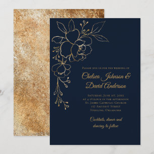 Elegant Gold Sketched Roses on Navy Blue Wedding Invitation