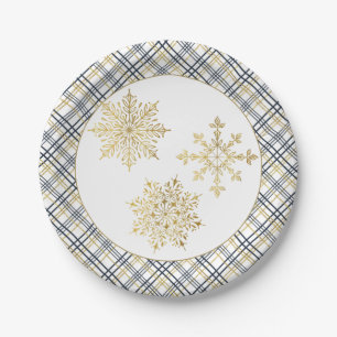 Elegant Gold Snowflake and Plaid Frame Paper Plate