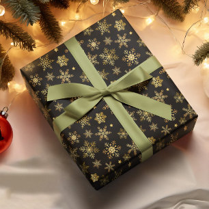 Elegant Gold Snowflake Black Background Xmas Snow Wrapping Paper