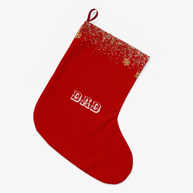Elegant gold Snowflake falling Christmas Red  Large Christmas Stocking (Front (Hanging))