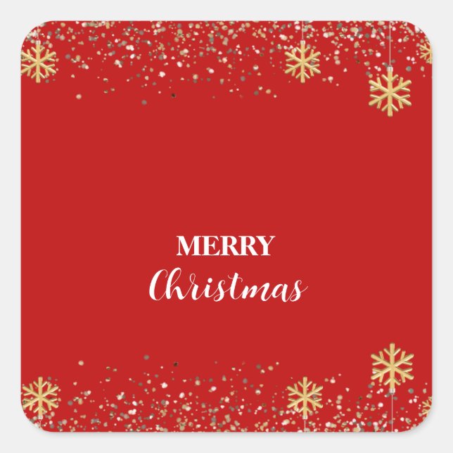 Elegant gold Snowflake falling Christmas Red name Square Sticker (Front)