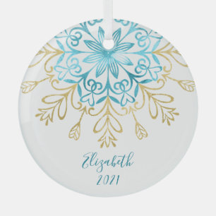 Elegant Gold Snowflake Friendship Name Monogrammed Glass Tree Decoration