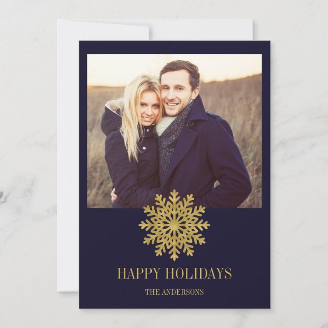 Elegant Gold Snowflake Holiday Photo Card (Front)