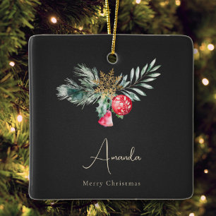 Elegant Gold Snowflake Modern Merry Christmas Bell Ceramic Ornament