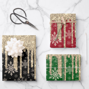 Elegant Gold Snowflake Pattern Dripping Glitter  Wrapping Paper Sheet