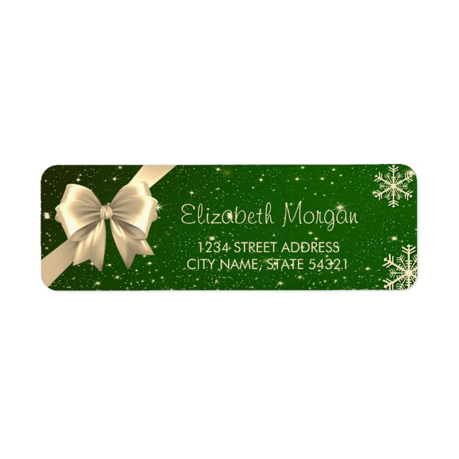 Elegant Gold Snowflakes,Bow Green Christmas  Label (Front)