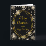 Elegant Gold Snowflakes Merry Christmas Holiday Card<br><div class="desc">A beautiful Christmas card design featuring elegant turquoise blue and gold snowflakes on a black background. Inside there is a space for a message. A perfect way to greet your friends and relatives in this festive season. The background colour of the inside and the text can be changed to suit...</div>