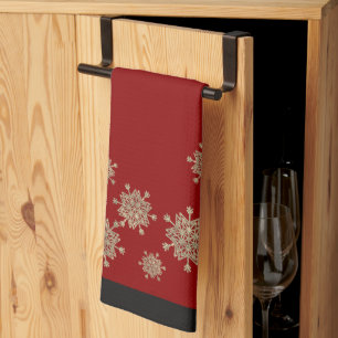 Elegant Gold Snowflakes Red & Black Christmas Tea Towel