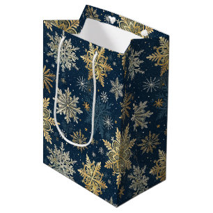 Elegant Gold Snowflakes Winter Blue Christmas Medium Gift Bag