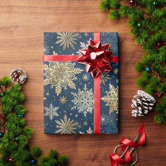 Elegant Gold Snowflakes Winter Blue Christmas Wrapping Paper