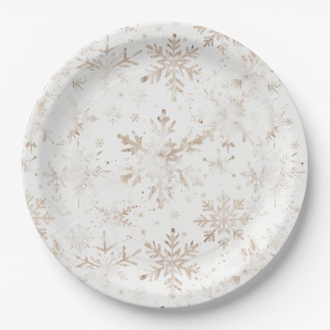 Elegant Gold Snowflakes Winter Themed Christmas Paper Plate (Front)
