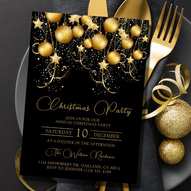 Elegant Gold Sparkle Christmas Party Bauble Invitation (Creator Uploaded)
