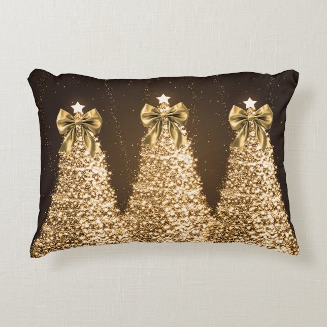 Elegant Gold Sparkling Christmas Trees & Bows  Decorative Cushion (Front)