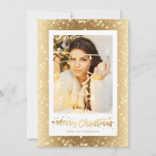 Elegant Gold Sparkly Snow Photo Christmas Cards