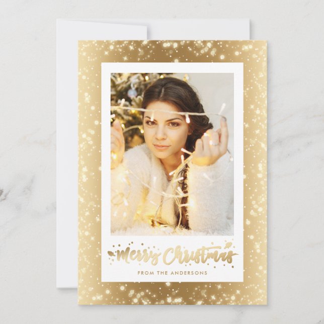 Elegant Gold Sparkly Snow Photo Christmas Cards (Front)