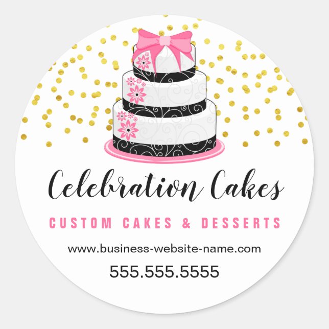 Elegant Gold Sprinkles Pink Cake Classic Round Sticker (Front)