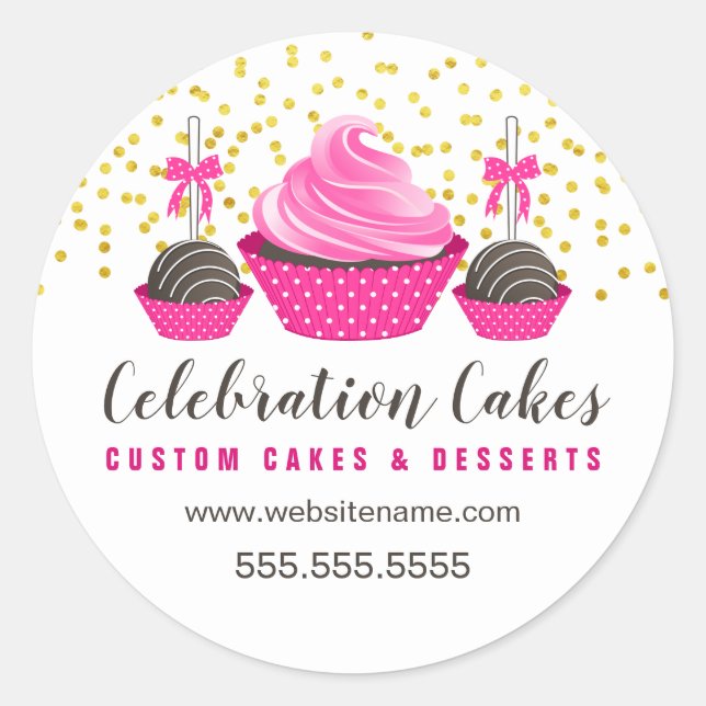 Elegant Gold Sprinkles Pink Cupcake Cake Pops Classic Round Sticker (Front)