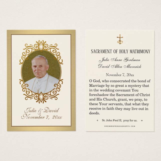 Elegant Gold St. John Paul II Wedding Holy Card  (Front & Back)
