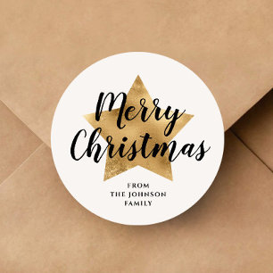 Elegant Gold Star Merry Christmas Classic Round Sticker