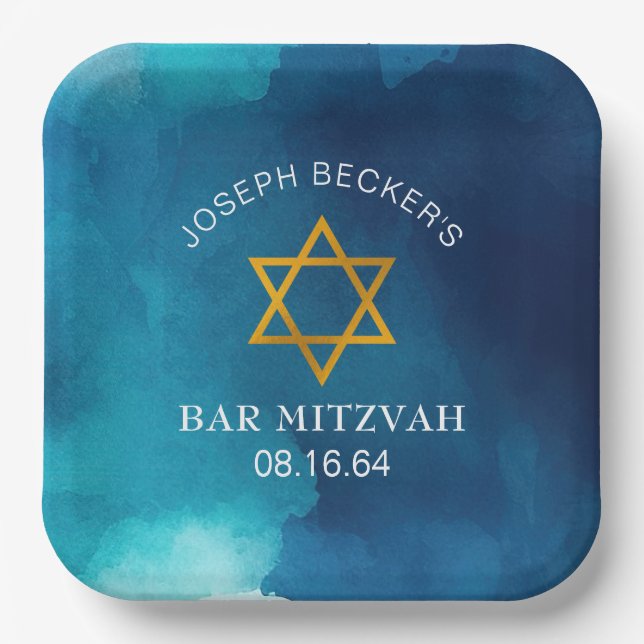 Elegant Gold Star of David Bar Mitzvah  Paper Plate (Front)