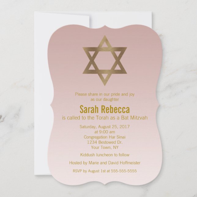 Elegant Gold Star of David Bat Mitzvah Invitation (Front)