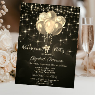 Elegant Gold Stars Balloons Black Retirement Invitation