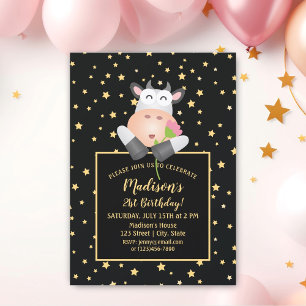Elegant Gold Stars Cute Cartoon Cow 21st Birthday Invitation