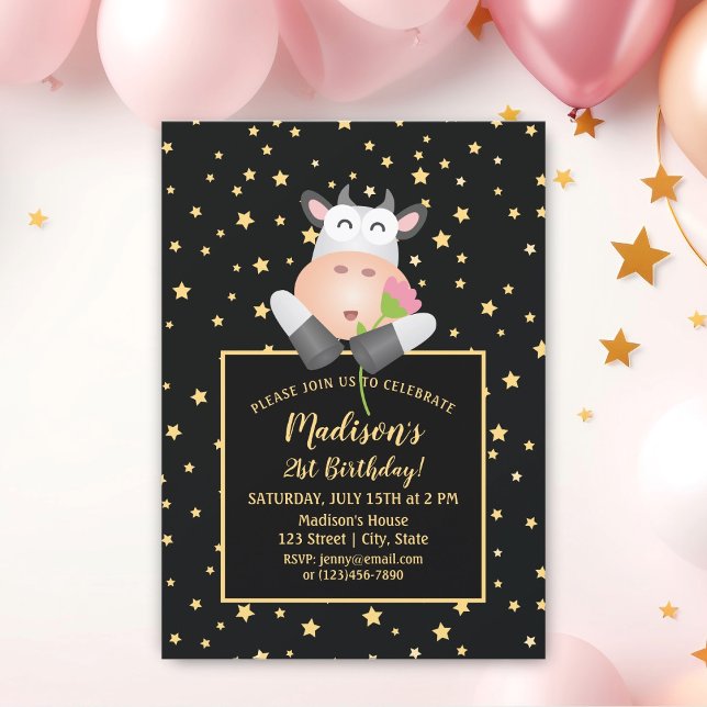 Elegant Gold Stars Cute Cartoon Cow 21st Birthday Invitation (Creator Uploaded)