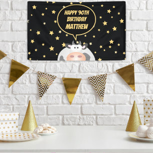 Elegant Gold Stars Cute Cartoon Cow 90th Birthday Banner