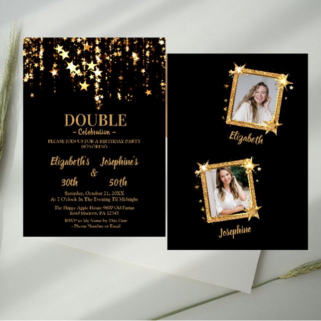 Elegant  gold stars double joint birthday 2 photo invitation (Creator Uploaded)