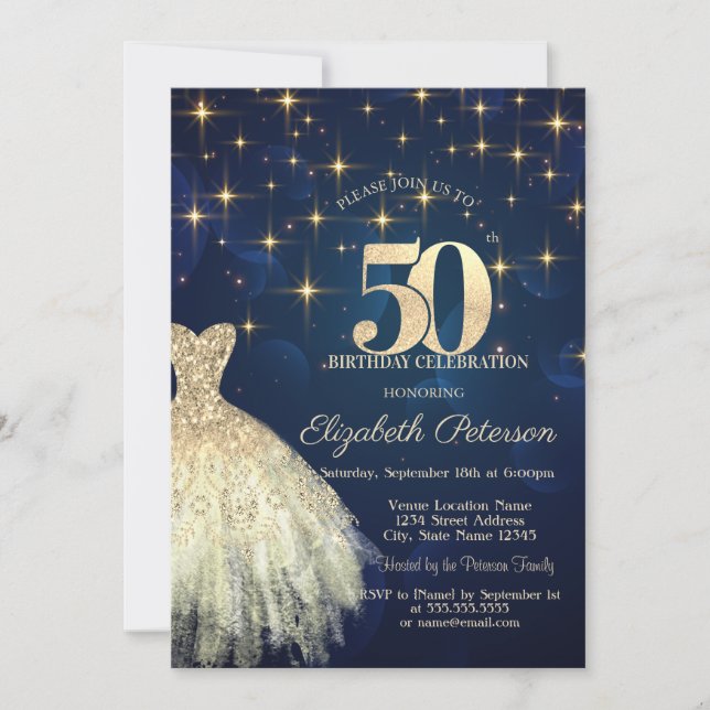Elegant Gold Stars Dress Navy Blue 50th Birthday Invitation (Front)