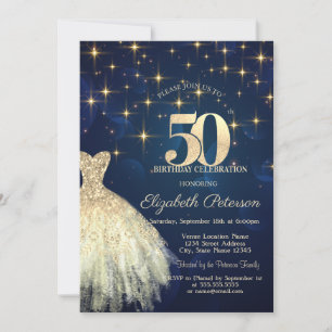 Elegant Gold Stars Dress Navy Blue 50th Birthday Invitation