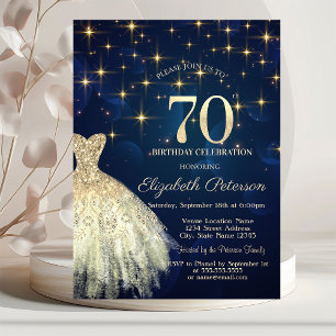 Elegant Gold Stars Dress Navy Blue 70th Birthday Invitation